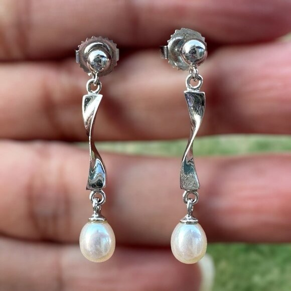 VTG Sterling 925 Twist Stud Dangle Earrings Cultured Pearls 2.4g Modernist 1.25" - Picture 1 of 8